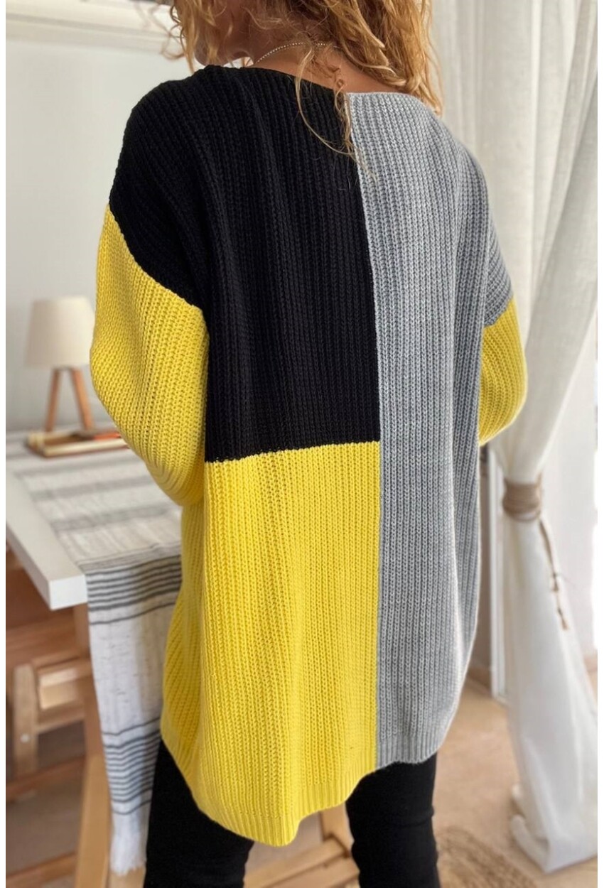 Kadın Sarı Siyah Color Block Yumuşak Dokulu Salaş Kazak CCK41000