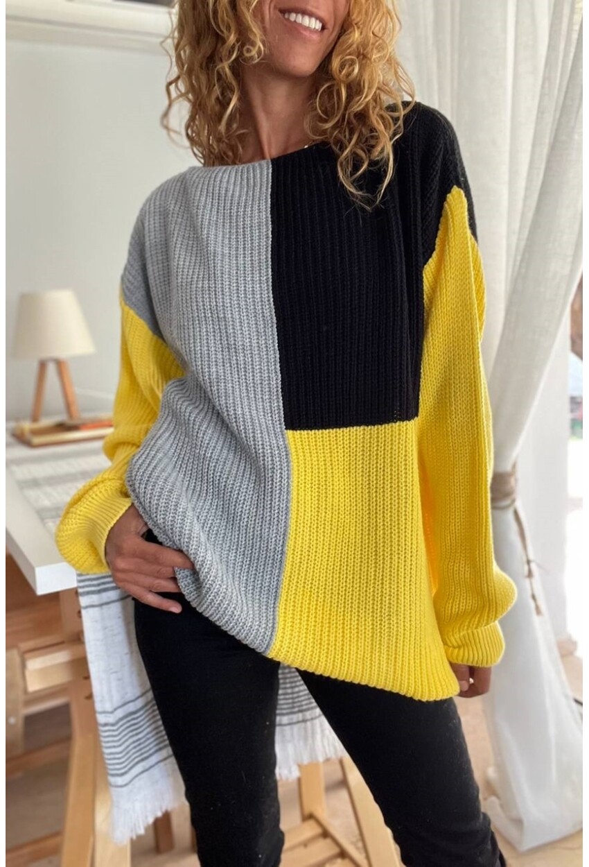 Kadın Sarı Siyah Color Block Yumuşak Dokulu Salaş Kazak CCK41000