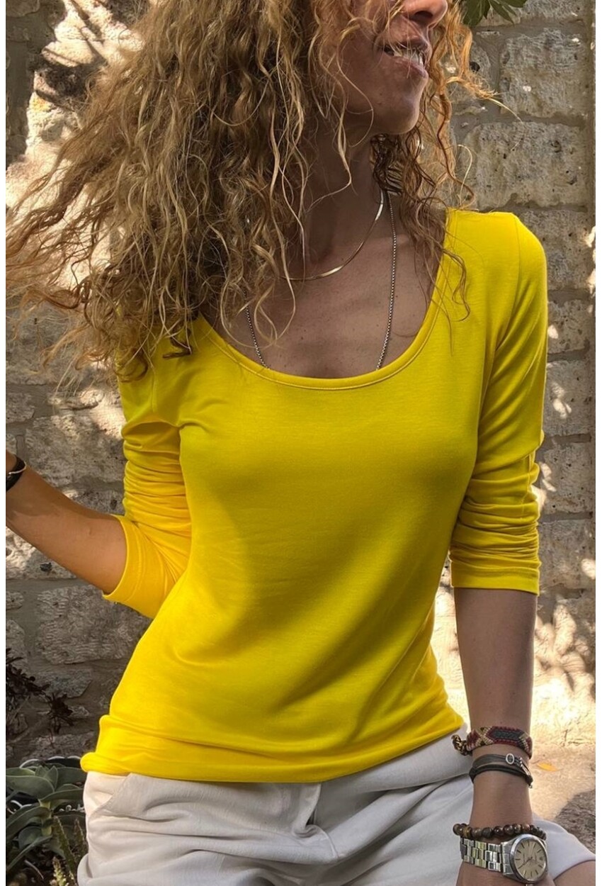Sarı U Yaka Yumuşak Dokulu Basic Bluz BST700-3580