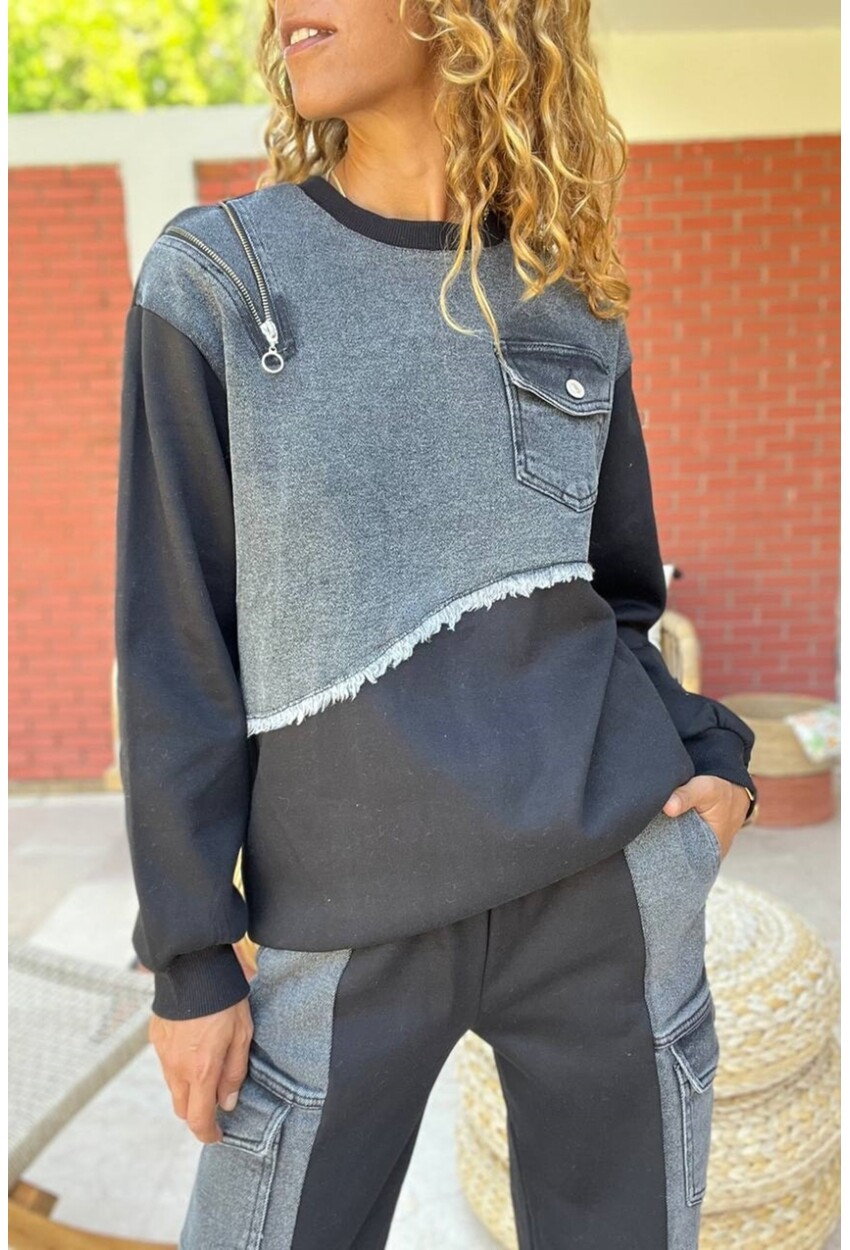 Kadın Siyah Asimetrik Denim Detaylı Üç İplik Salaş Sweatshirt BND-S70