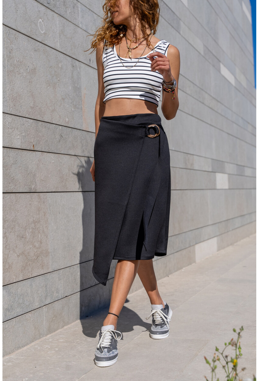 Kadın Siyah Beli Lastikli Asimetrik Kesim Tokalı Diz Altı Etek BST700-3566