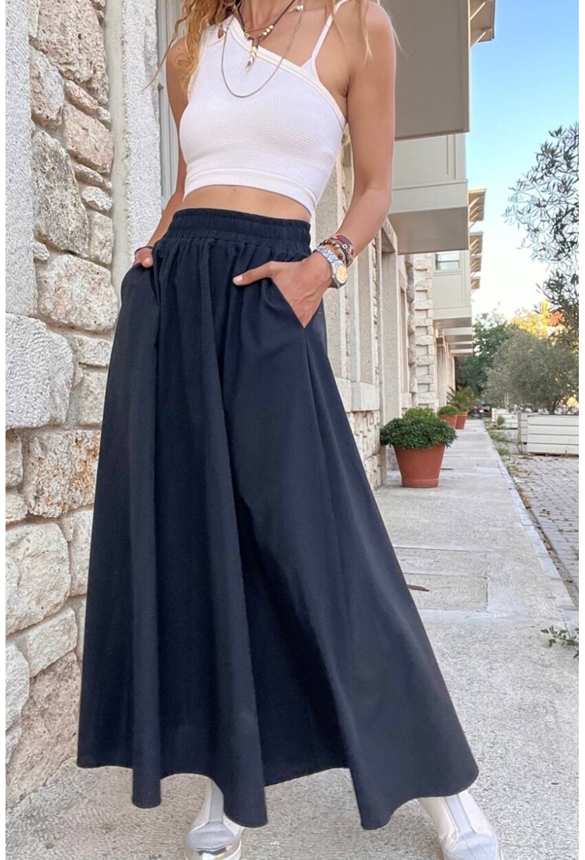 Kadın Siyah Beli Lastikli Cepli Poplin Kiloş Uzun Etek BST-3623Siyah