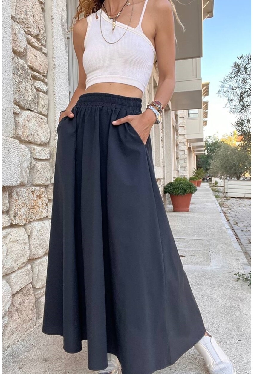 Kadın Siyah Beli Lastikli Cepli Poplin Kiloş Uzun Etek BST-3623Siyah