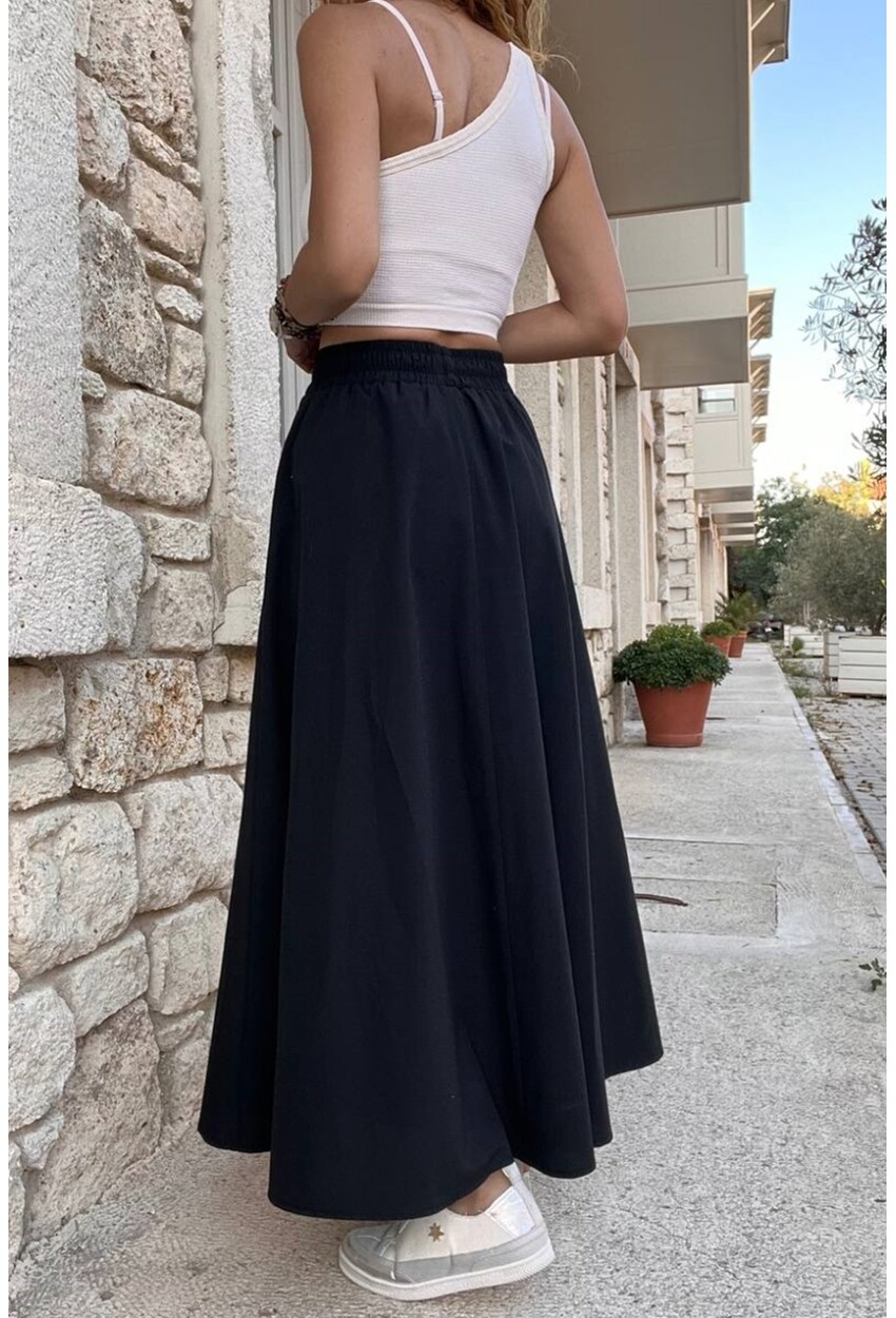 Kadın Siyah Beli Lastikli Cepli Poplin Kiloş Uzun Etek BST-3623Siyah