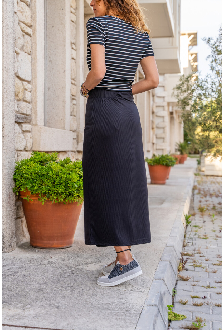 Kadın Siyah Beli Lastikli Düğmeli Yırtmaçlı Kaşkorse Etek BST700-3599