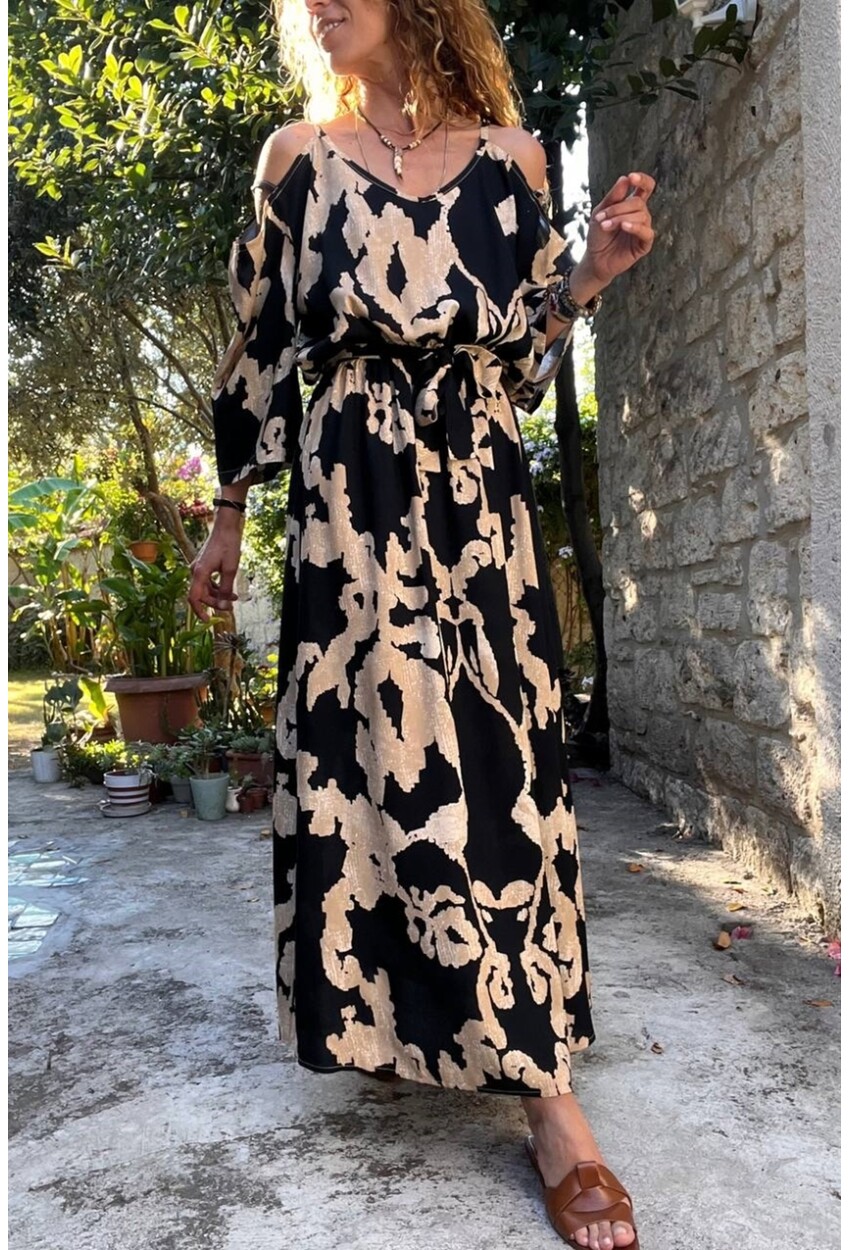 Kadın Siyah Beli Lastikli Kemerli Omuz Dekolteli Uzun Elbise BST-3628Siyah