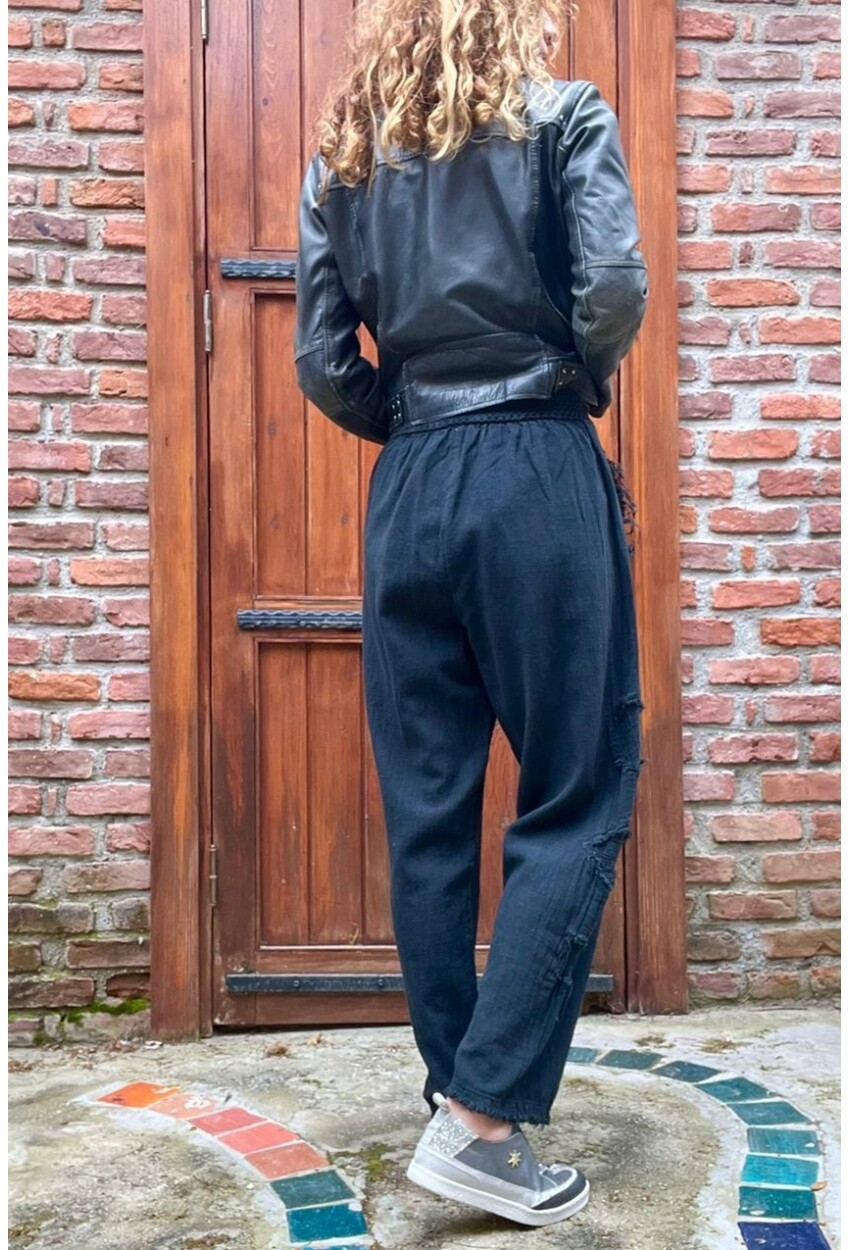 Siyah Beli Lastikli Yıkamalı Keten Görünümlü Pis Dikiş Detaylı Salaş Şalvar Pantolon RSD1196 95 30