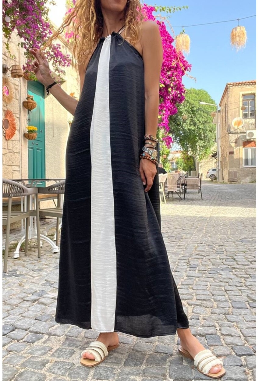 Kadın Siyah Beyaz Halter Color Block Saten Uzun Salaş Elbise BST3646