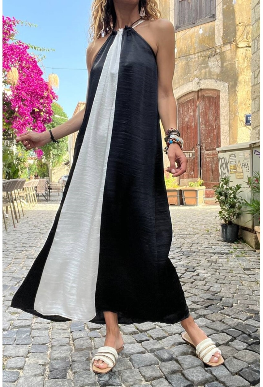 Kadın Siyah Beyaz Halter Color Block Saten Uzun Salaş Elbise BST3646