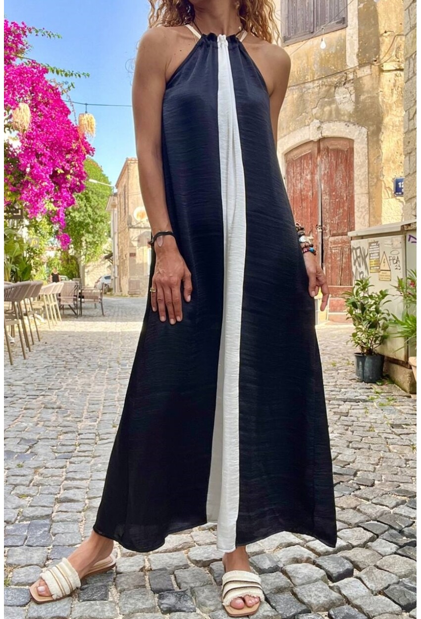 Kadın Siyah Beyaz Halter Color Block Saten Uzun Salaş Elbise BST3646