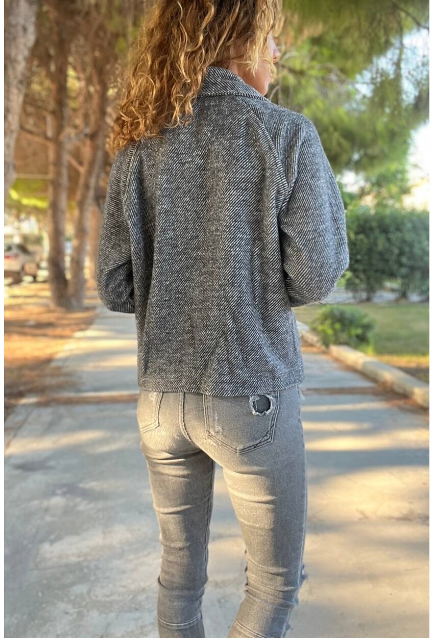 Kadın Siyah Ceket Yaka Düğmeli Raglan Kol Yumuşak Dokulu Astarsız Kaşe Ceket BST700-3529