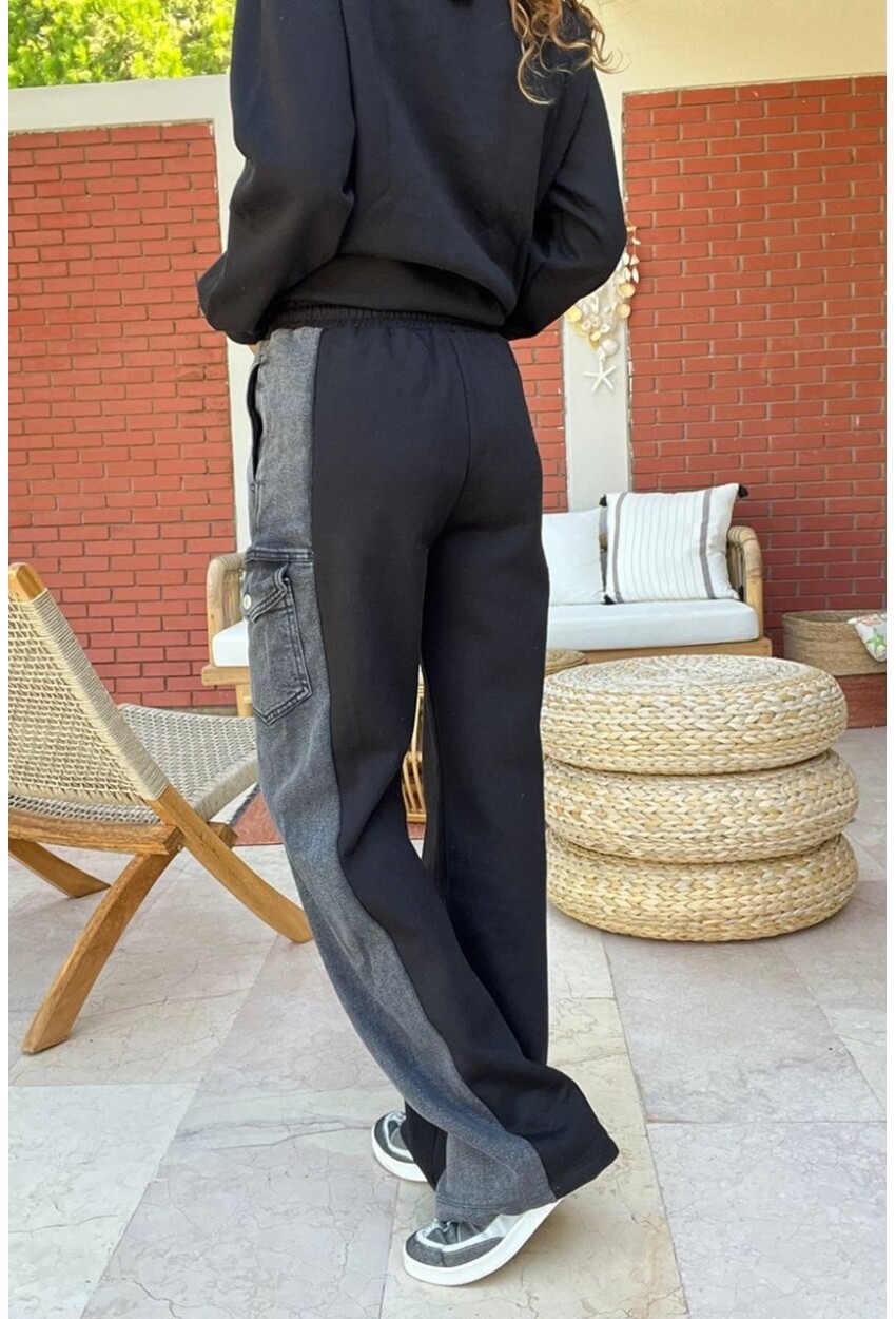 Kadın Siyah Denim Detaylı Cepli Üç İplik Salaş Eşofman Altı BND-S63