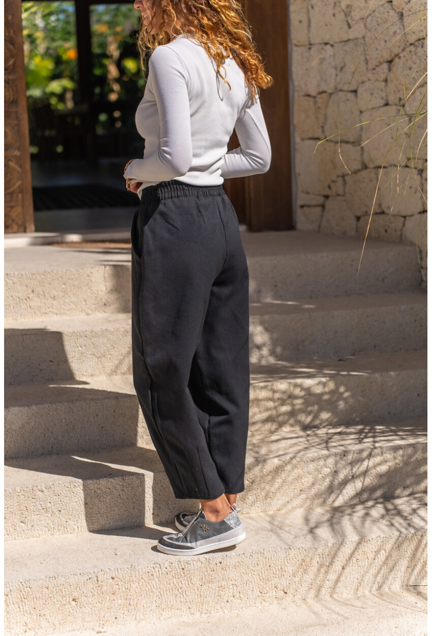 Kadın Siyah Gabardin Beli Lastikli Cepli Salaş Pantolon Bst3475