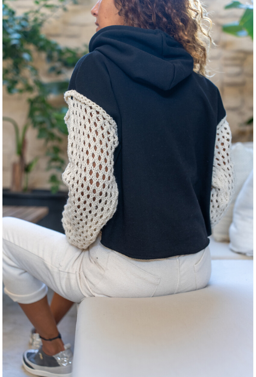 Kadın Siyah İçi Şardonlu Kapüşonlu Kolları Triko Salaş Sweatshirt 1St21