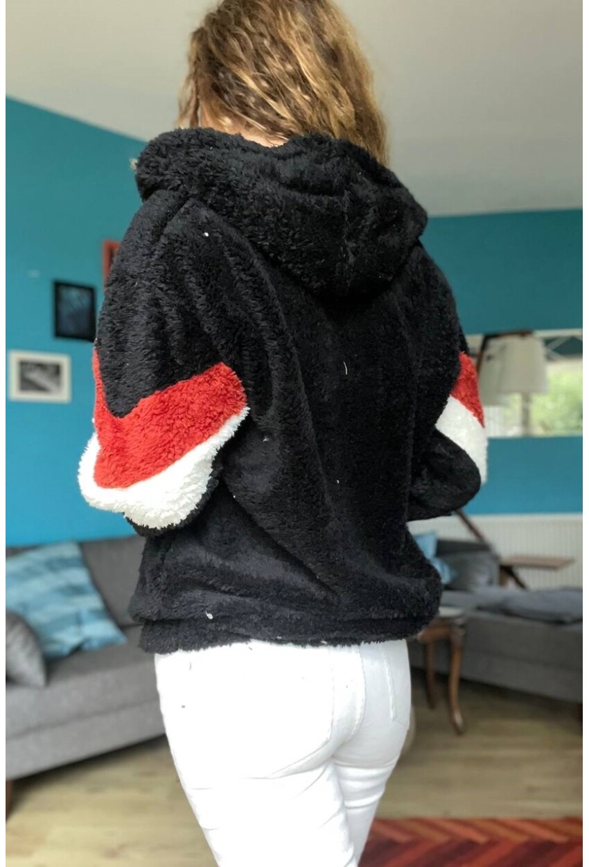 Kadın Siyah Kapüşonlu Color Block Peluş Salaş Sweatshirt 1St25