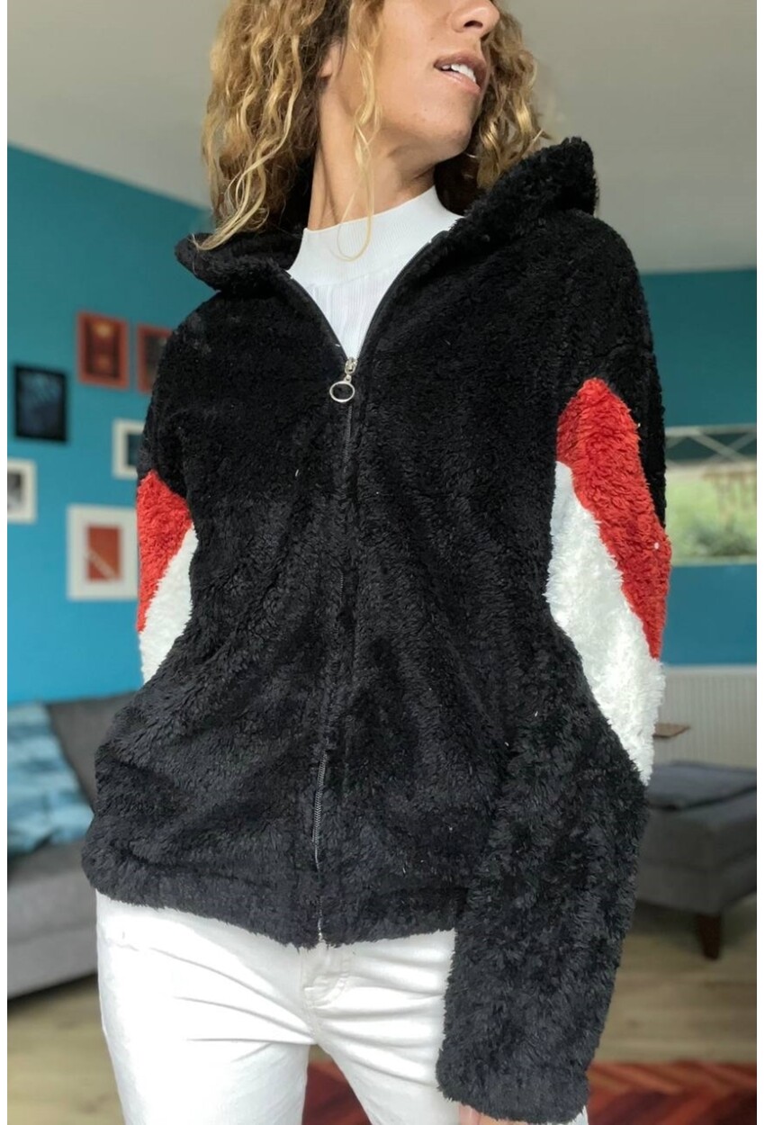 Kadın Siyah Kapüşonlu Color Block Peluş Salaş Sweatshirt 1St25