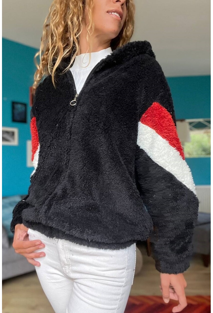 Kadın Siyah Kapüşonlu Color Block Peluş Salaş Sweatshirt 1St25