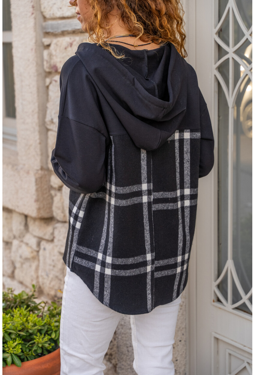 Kadın Siyah Kapüşonlu Desenli Garnili Salaş Sweatshirt BST700-3565