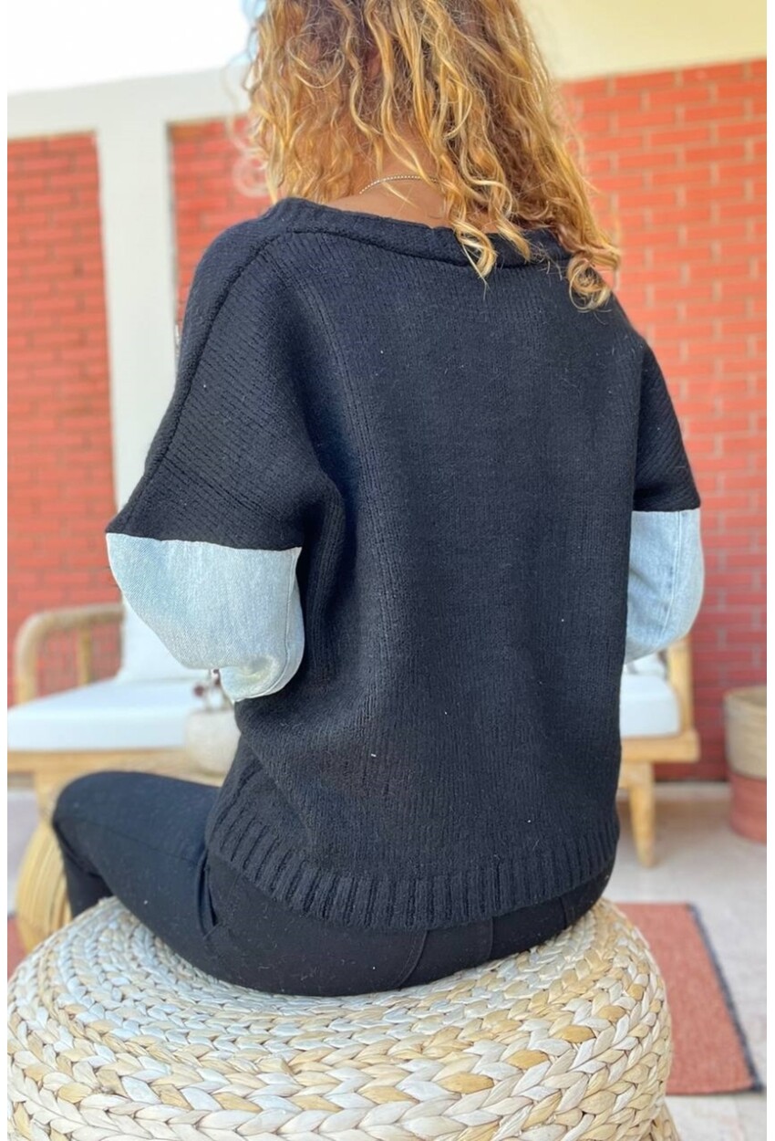Kadın Siyah Kolu Denim Yumuşak Dokulu Düğmeli Salaş Hırka BND1007