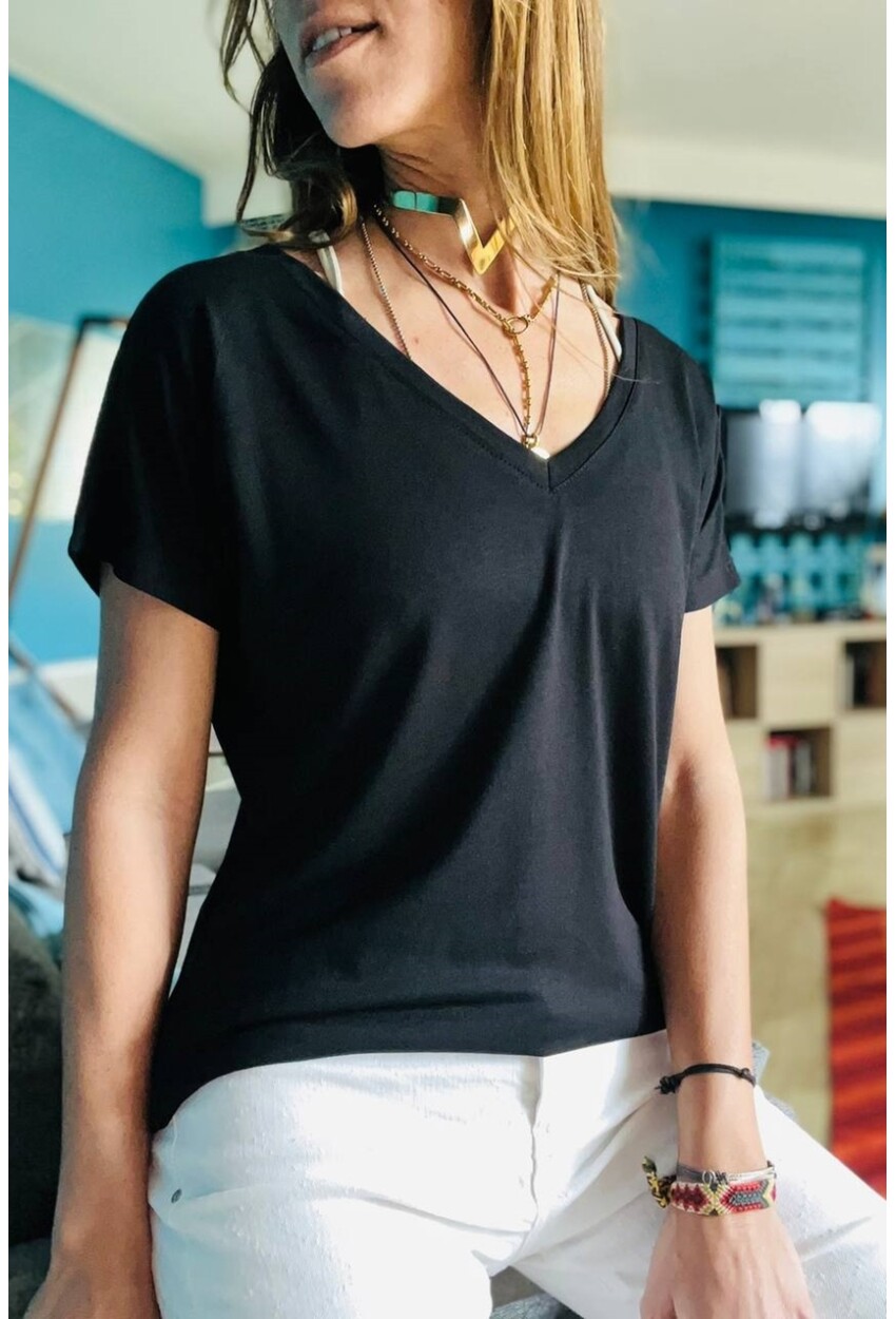 Kadın Siyah Ön Arka V Salaş T-Shirt