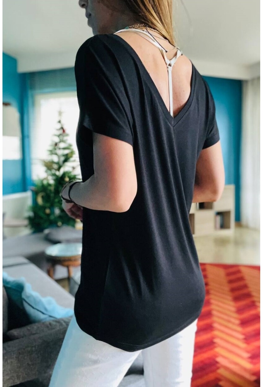Kadın Siyah Ön Arka V Salaş T-Shirt