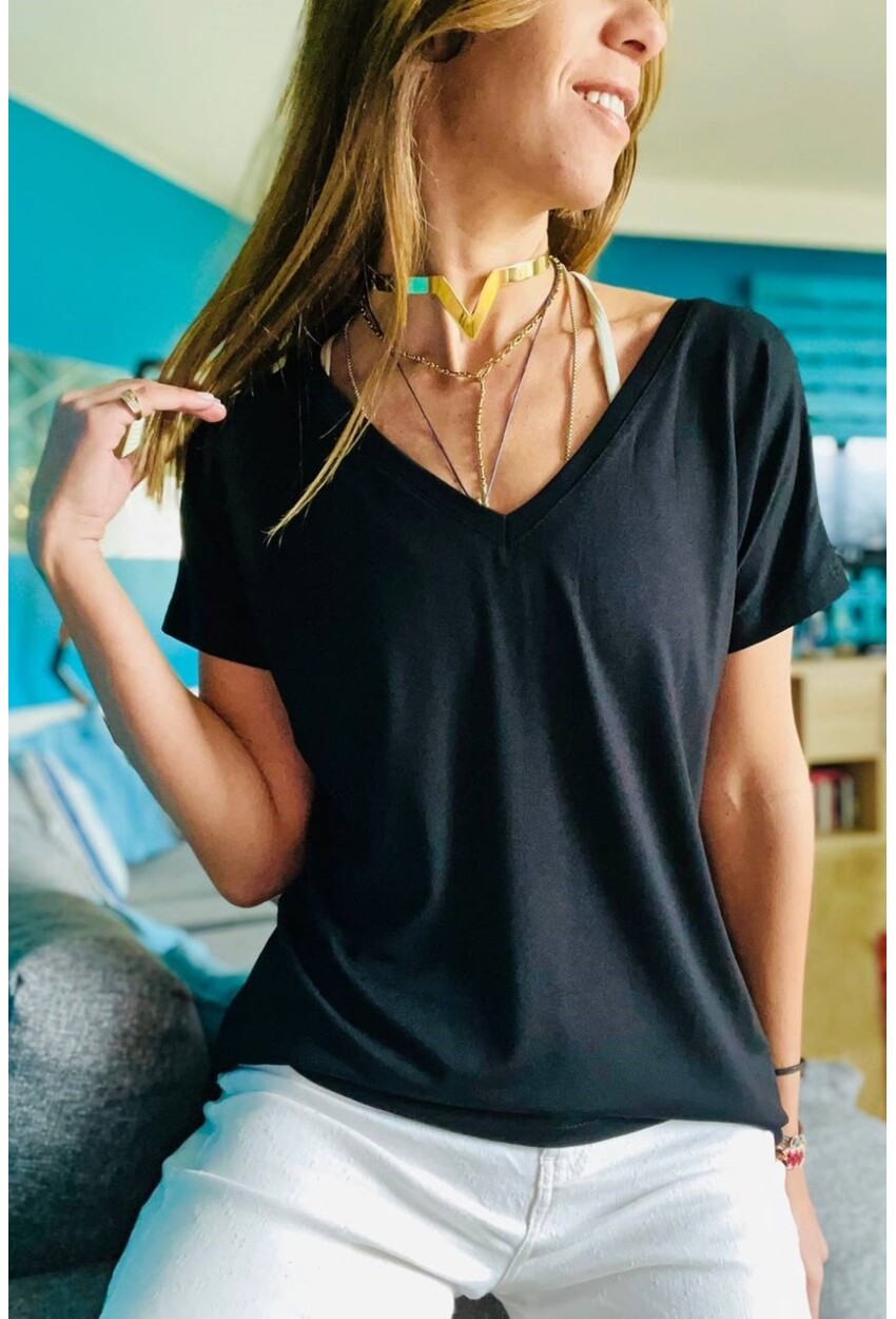 Kadın Siyah Ön Arka V Salaş T-Shirt
