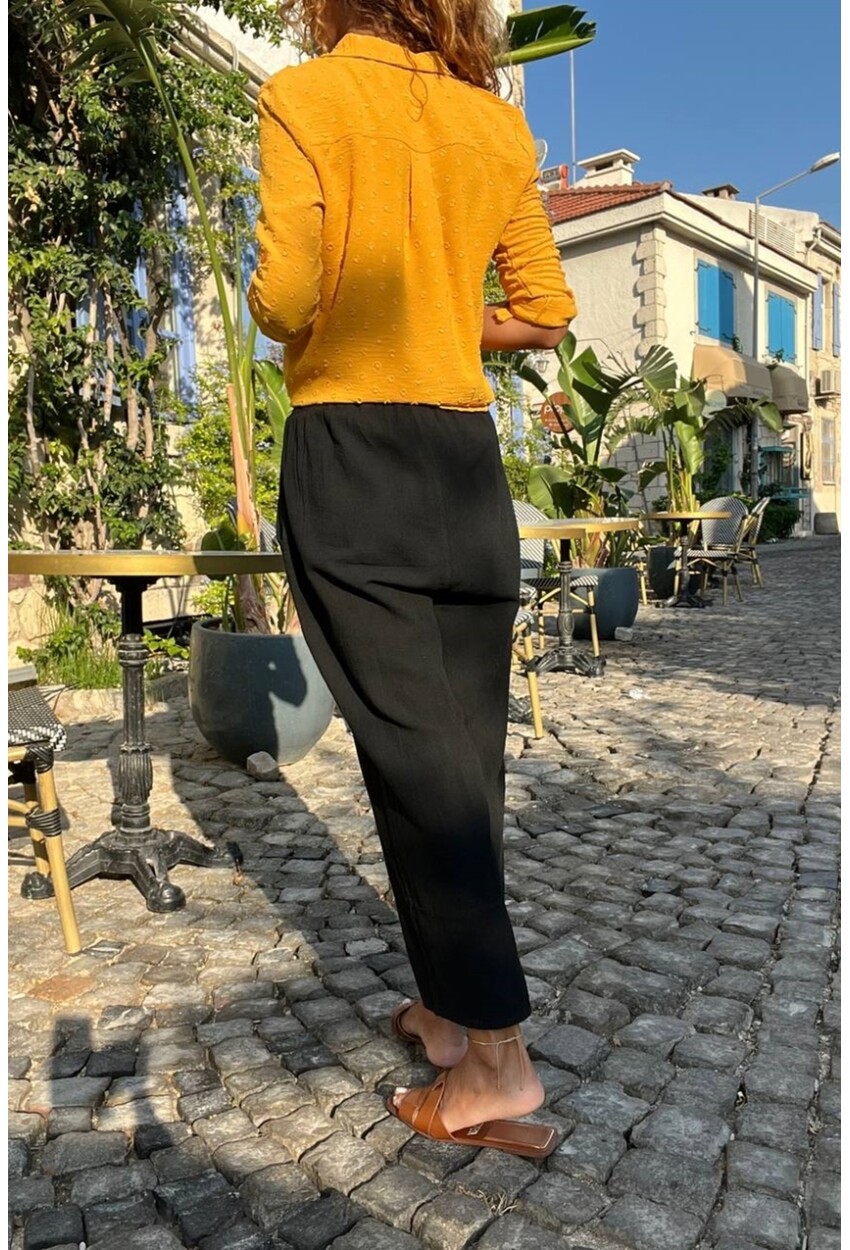 Kadın Siyah Paçası Yırtmaçlı Düğmeli Yıkamalı Keten Görünümlü Şalvar Pantolon RSD1179