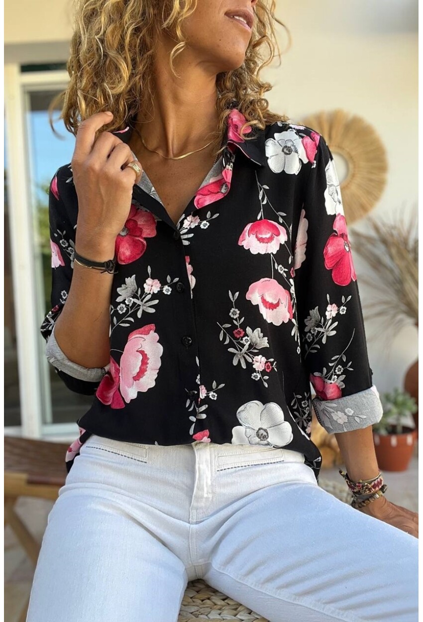 Kadın Siyah-Pembe Çiçekli Gömlek GK-BST2711