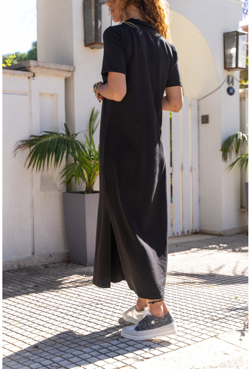 Siyah Polo Yaka Yanı Yırtmaçlı Uzun Elbise BST700-3525