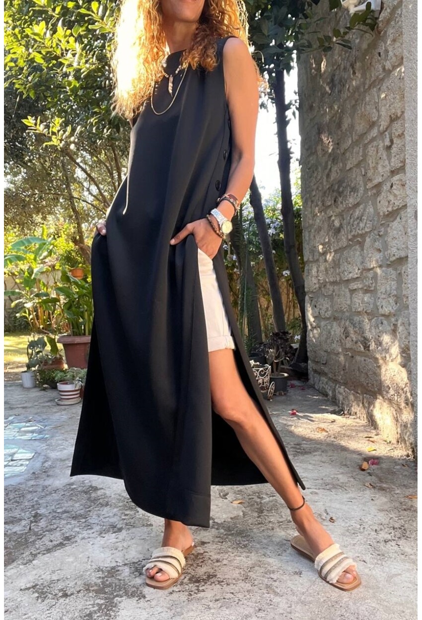 Kadın Siyah Scuba Yanı Düğmeli ve Yırtmaçlı Uzun Tunik Elbise BST700-3561