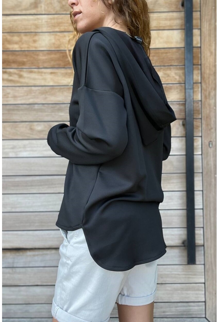 Kadın Siyah V Yaka Kapüşonlu Arkası Uzun Scuba Salaş Sweatshirt BST700-3506