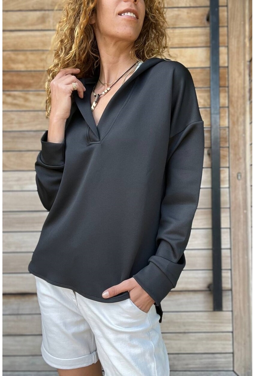 Kadın Siyah V Yaka Kapüşonlu Arkası Uzun Scuba Salaş Sweatshirt BST700-3506