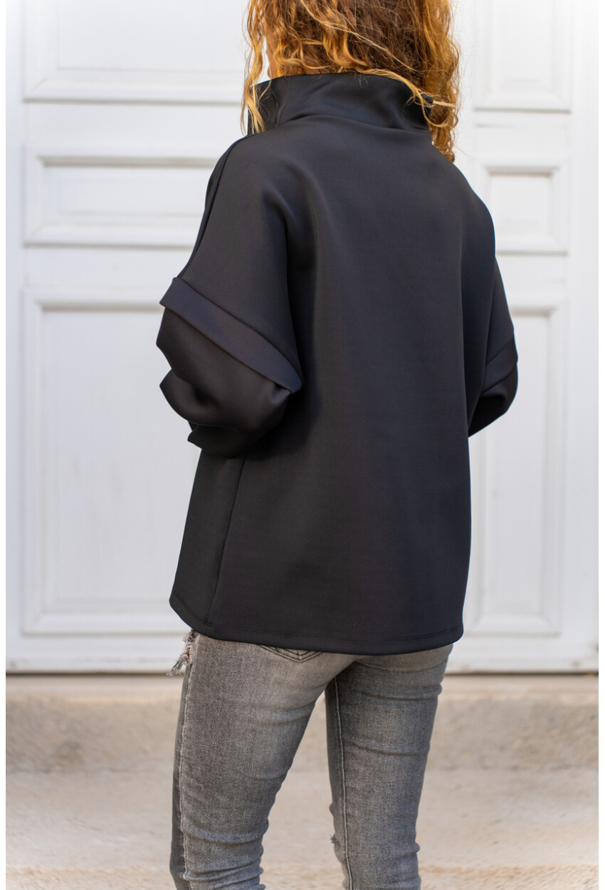 Kadın Siyah Yakası Bağcıklı Scuba Salaş Sweatshirt 1St24