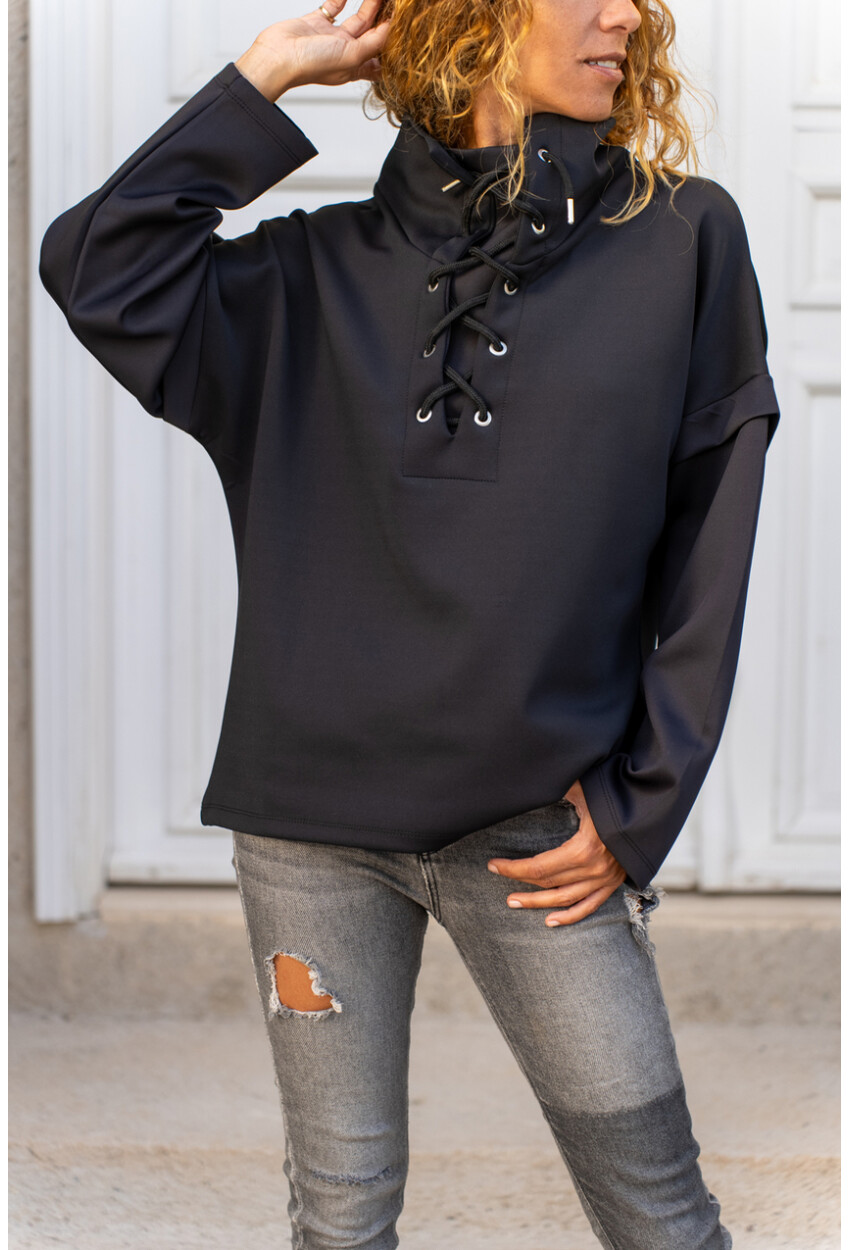 Kadın Siyah Yakası Bağcıklı Scuba Salaş Sweatshirt 1St24