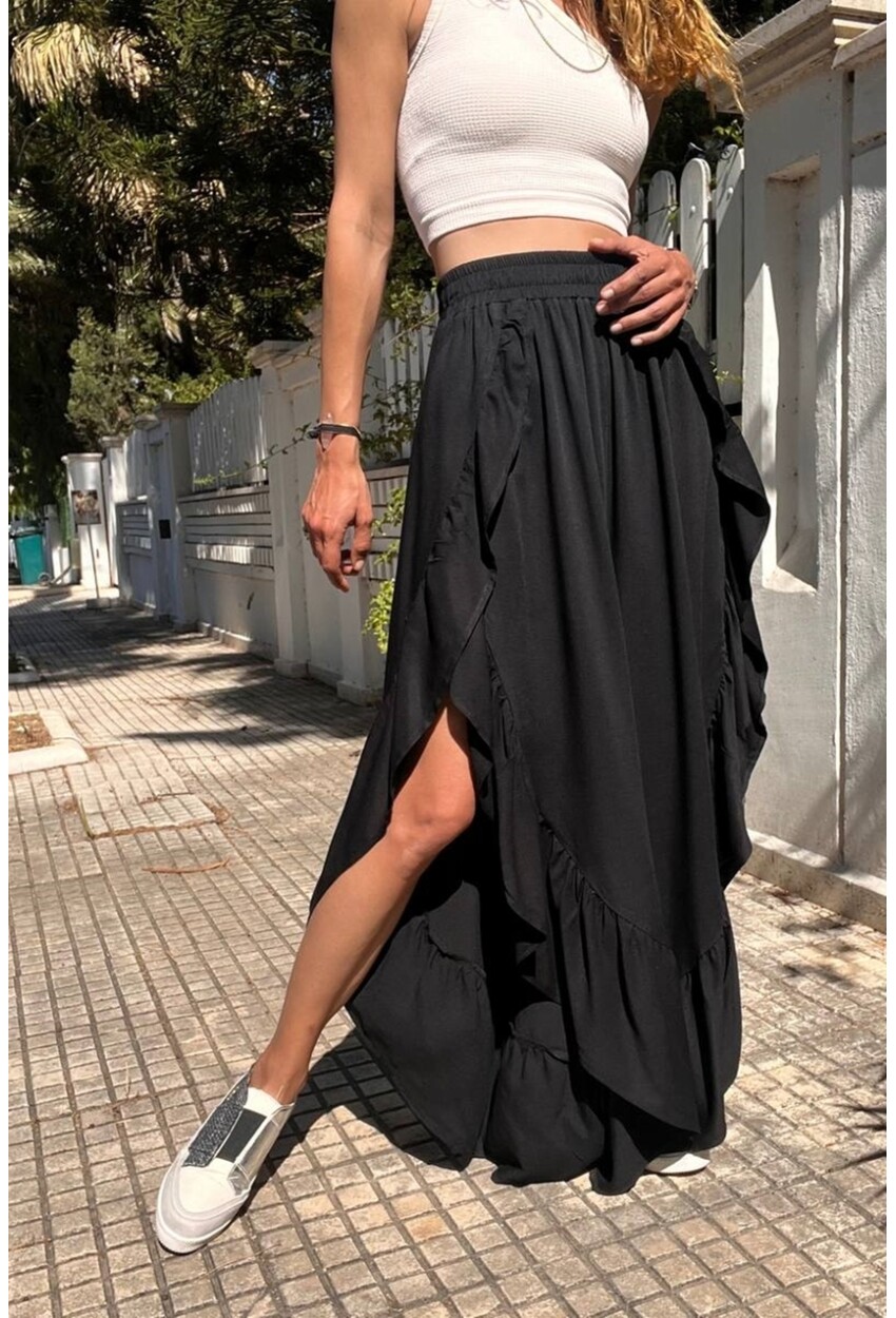 Kadın Siyah Yanı Fırfırlı Yırtmaçlı Beli Lastikli Belmando Salaş Şalvar Pantolon BST-3635Siyah