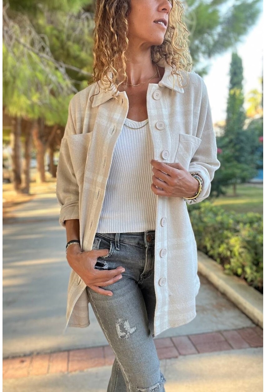 Kadın Taş Oversize Yumuşak Dokulu Kaşe Cepli Gömlek BST700-3539