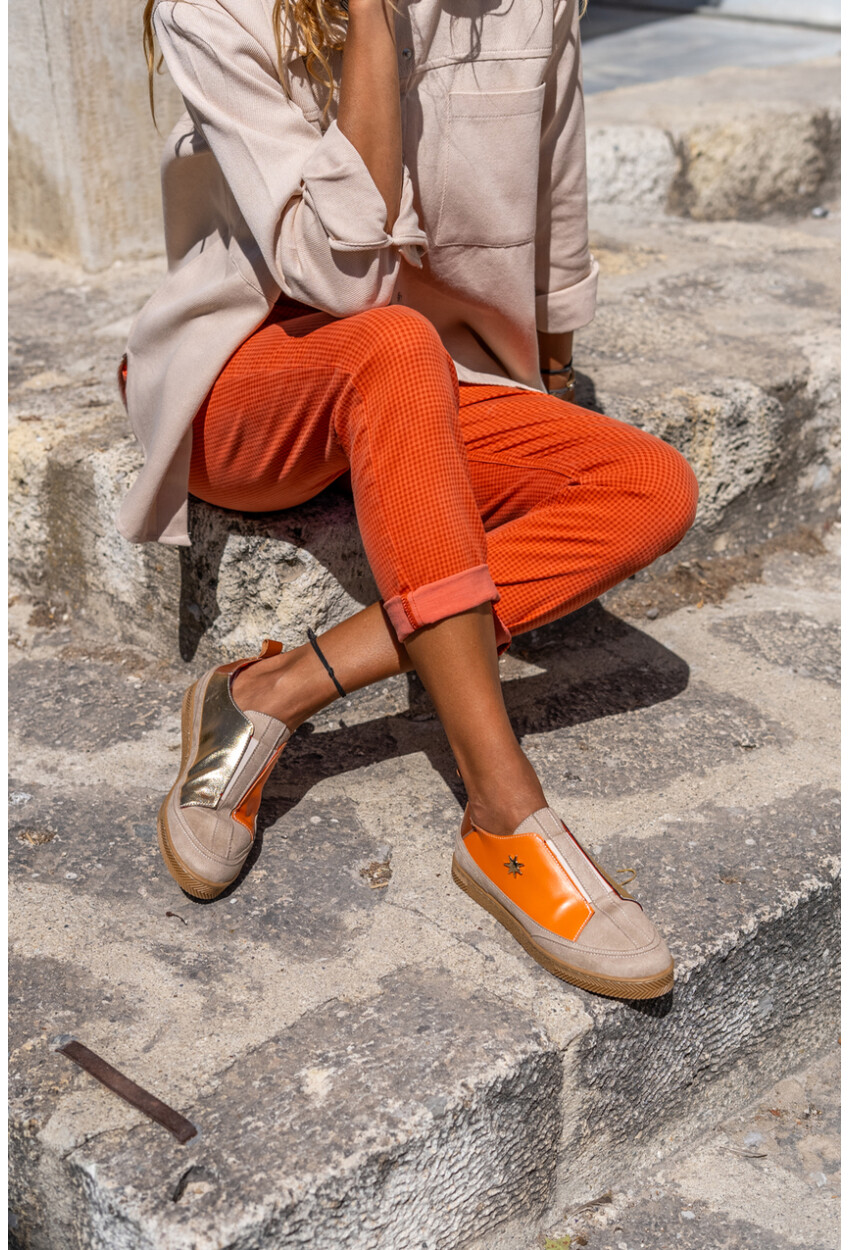 Guki35 Kadın Turuncu-Bej Günlük Rahat Vegan Gold Sneaker