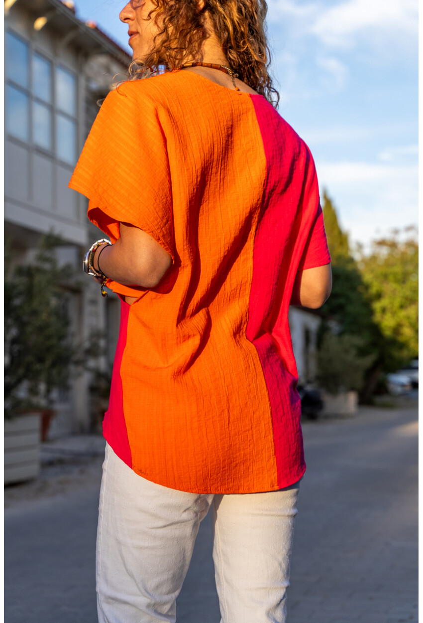 Kadın Turuncu-Fuşya Kruvaze Color Block Kendinden Dokulu Bluz BST700-3572