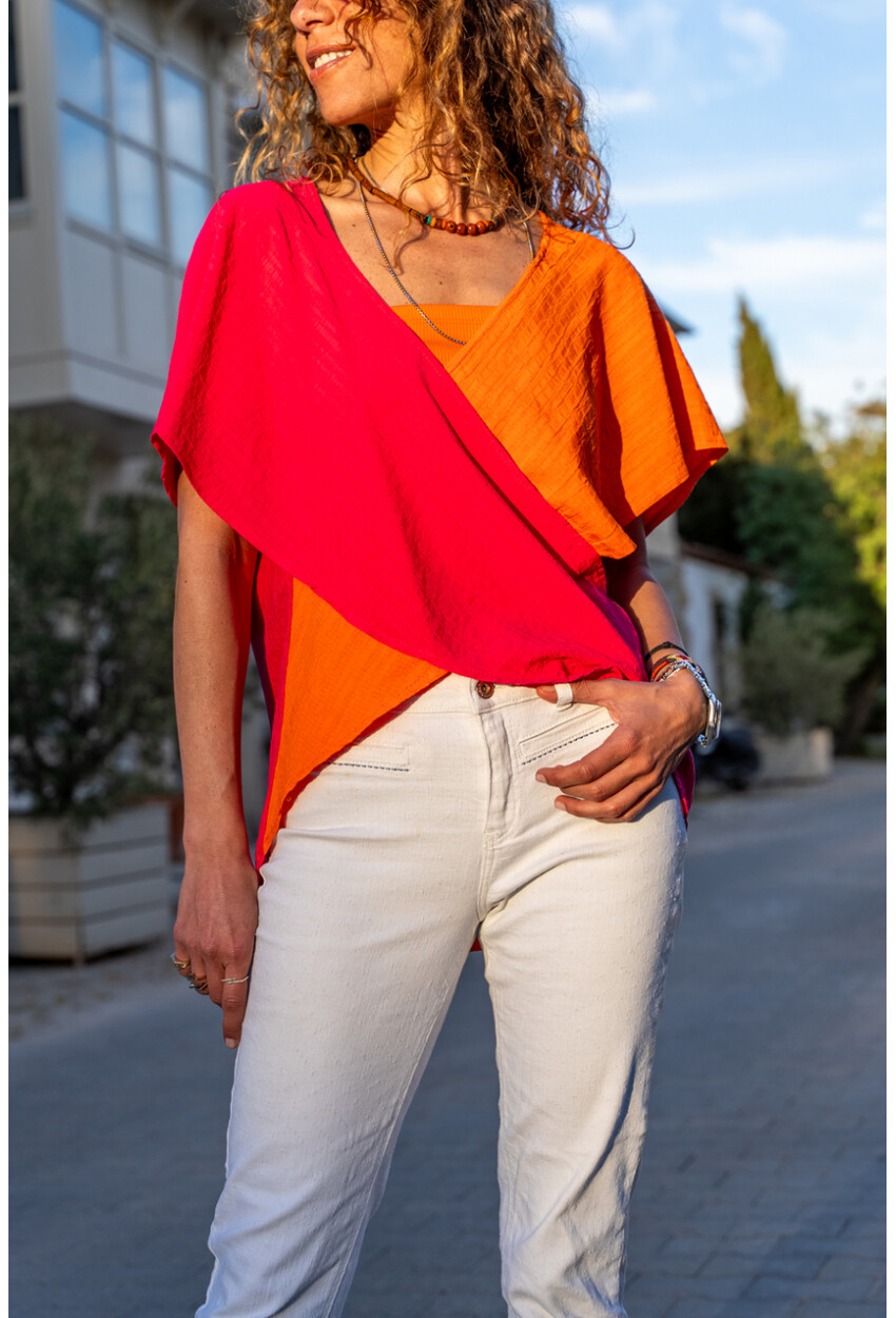 Kadın Turuncu-Fuşya Kruvaze Color Block Kendinden Dokulu Bluz BST700-3572