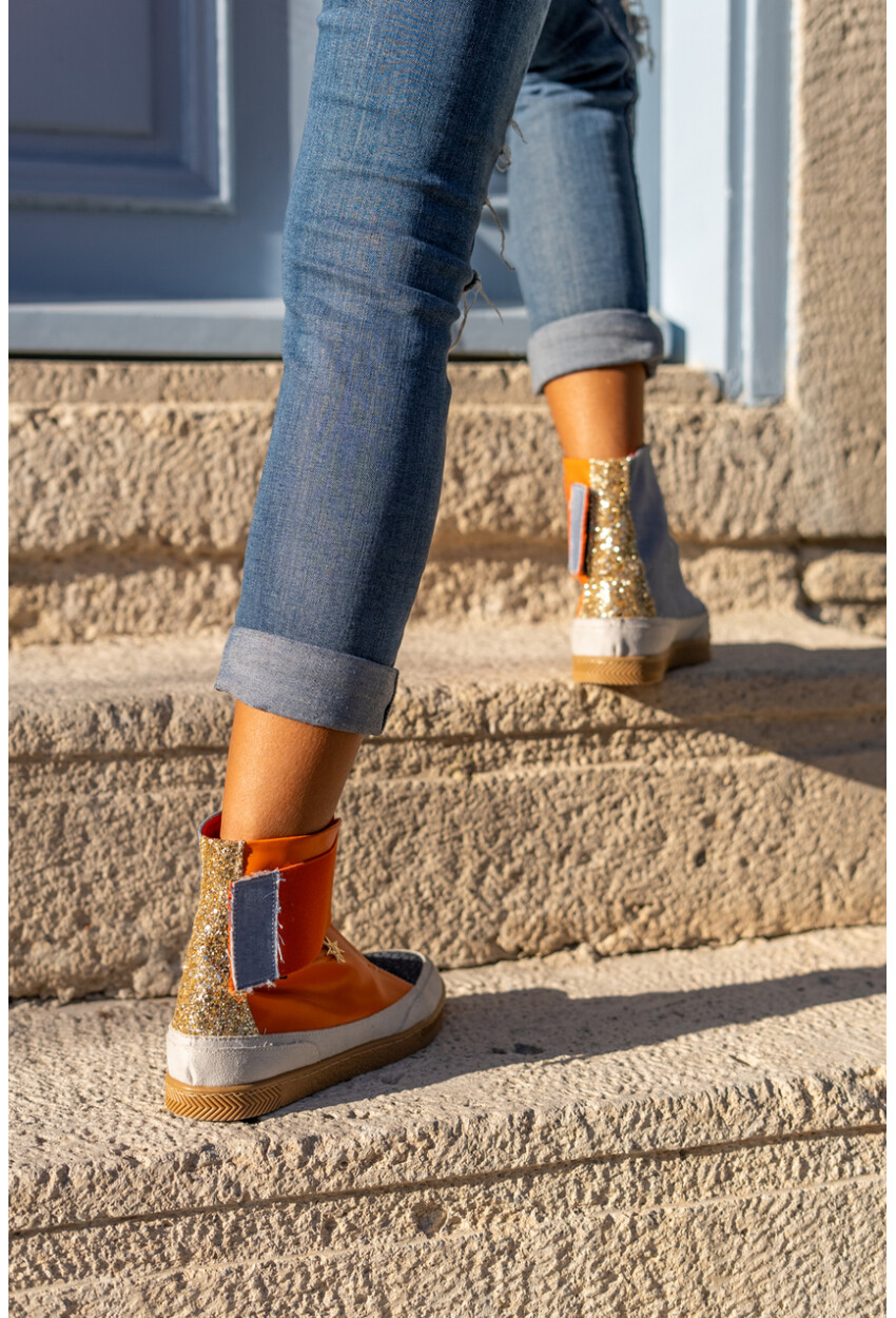 Guki35 Kadın Turuncu-Mavi Günlük Rahat Vegan Different High Top Sneaker Gk-Puppis041