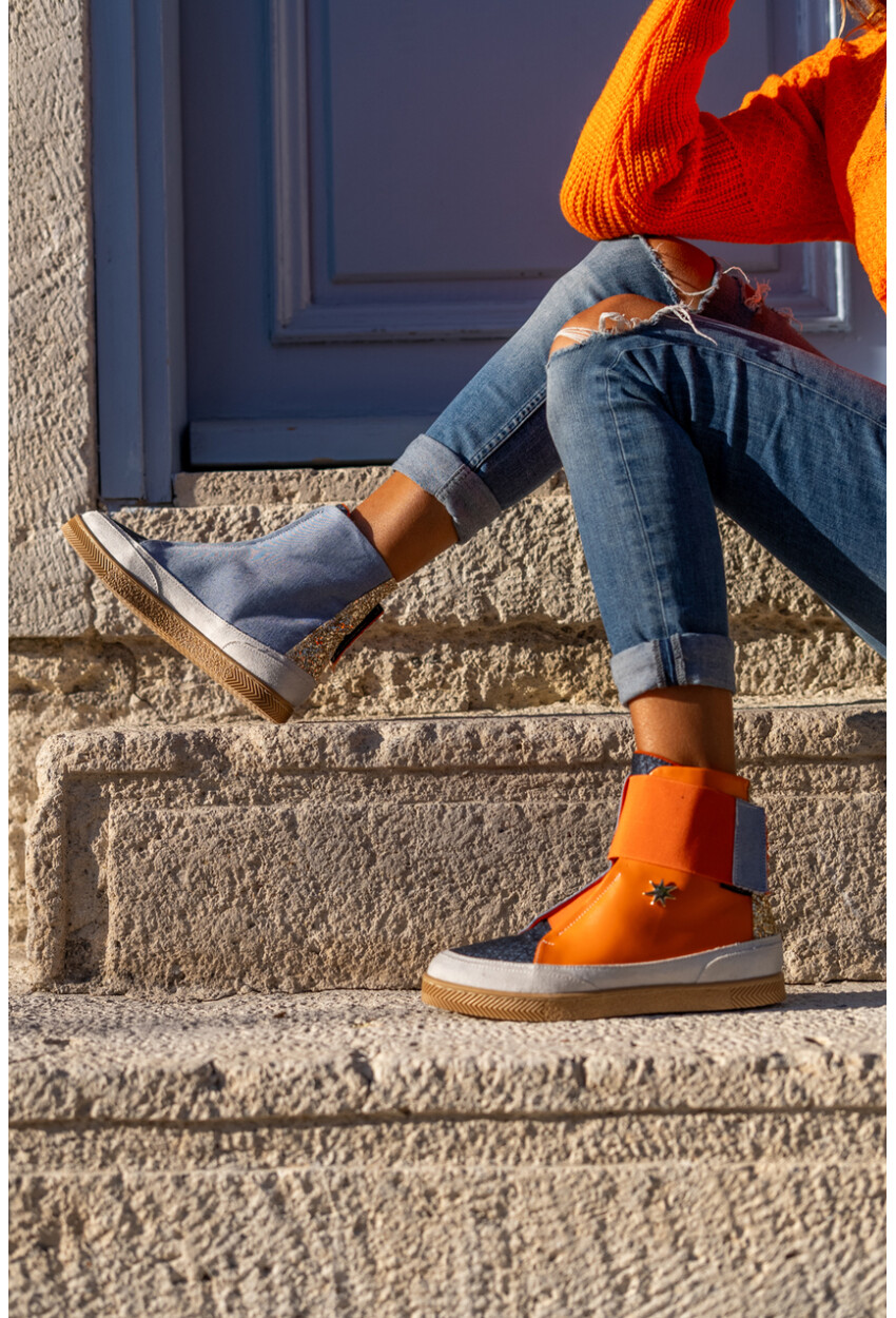 Guki35 Kadın Turuncu-Mavi Günlük Rahat Vegan Different High Top Sneaker Gk-Puppis041