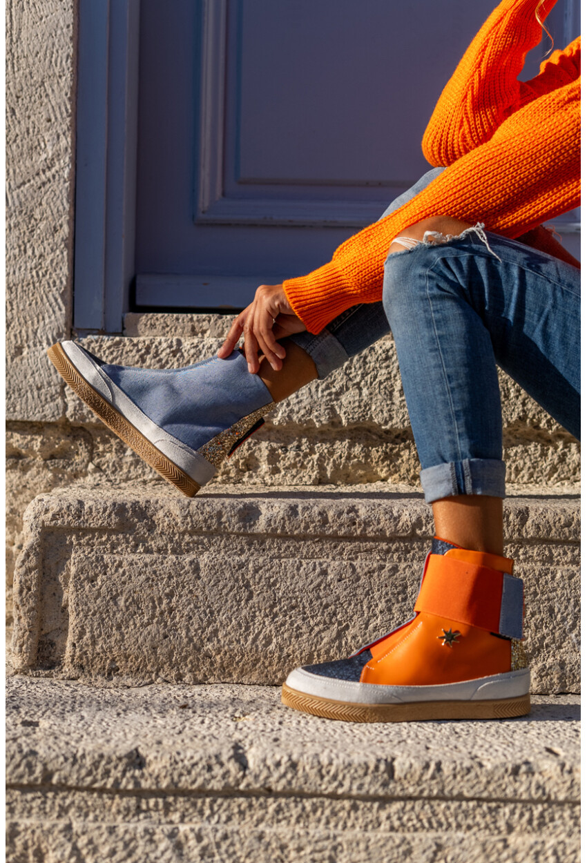 Guki35 Kadın Turuncu-Mavi Günlük Rahat Vegan Different High Top Sneaker Gk-Puppis041