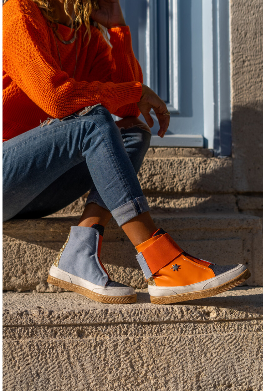 Guki35 Kadın Turuncu-Mavi Günlük Rahat Vegan Different High Top Sneaker Gk-Puppis041