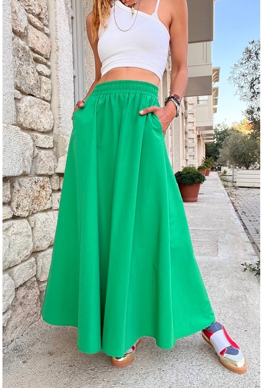 Kadın Yeşil Beli Lastikli Cepli Poplin Kiloş Uzun Etek BST-3623Yeşil