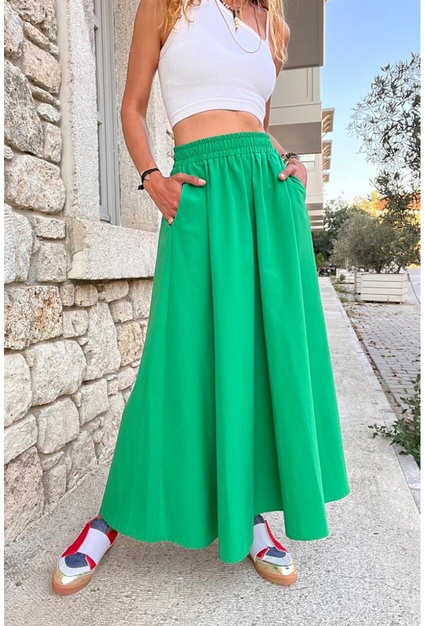 Kadın Yeşil Beli Lastikli Cepli Poplin Kiloş Uzun Etek BST-3623Yeşil