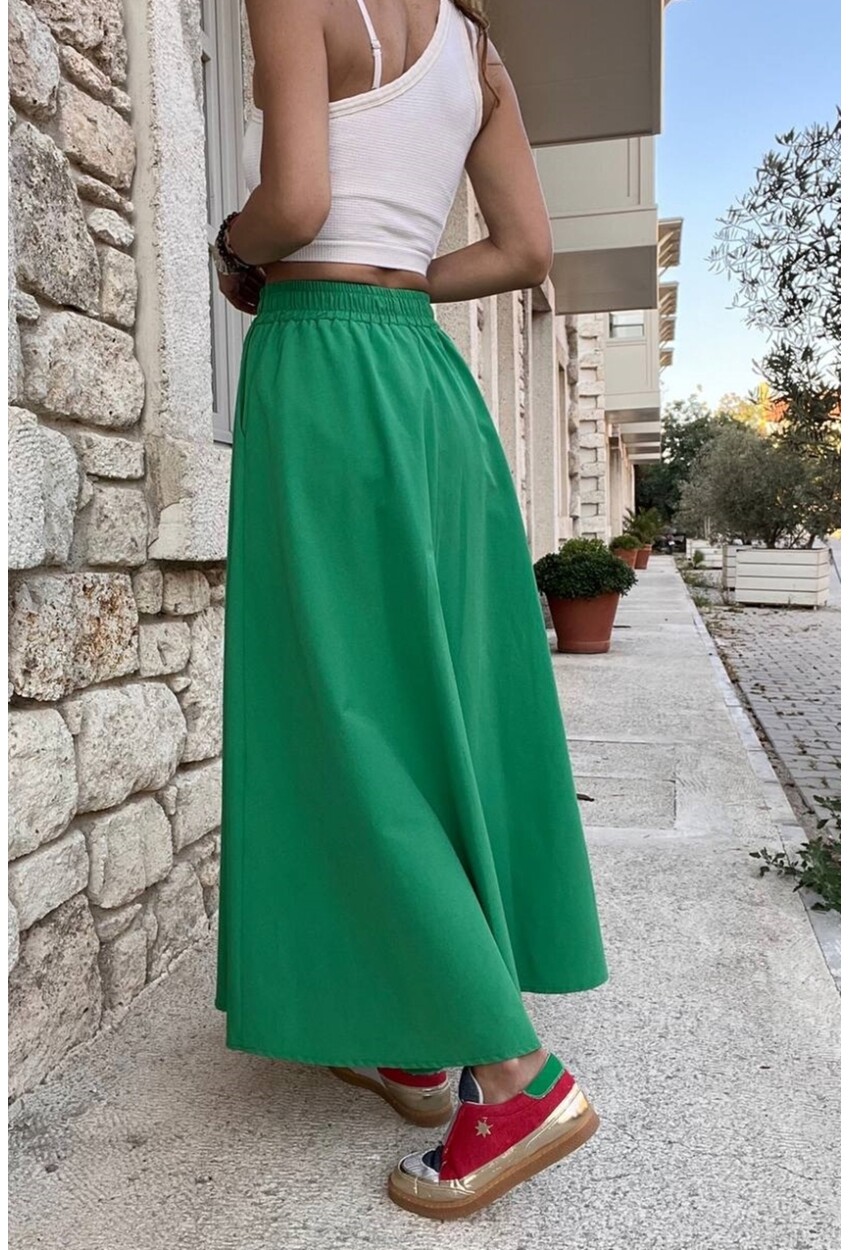 Kadın Yeşil Beli Lastikli Cepli Poplin Kiloş Uzun Etek BST-3623Yeşil