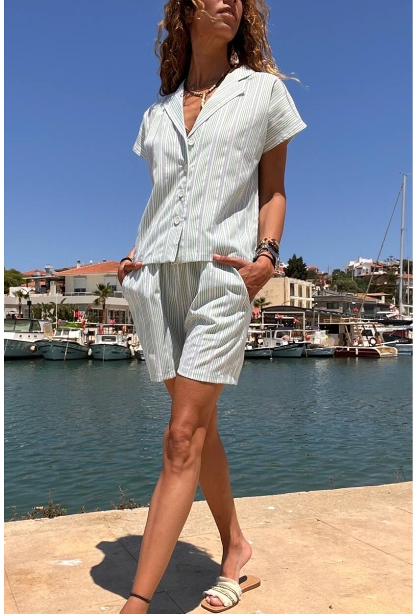 Kadın Yeşil Ceket Yaka Çizgili Cepli Beli Lastikli Gömlek Şort Takım BST-3625Yeşil