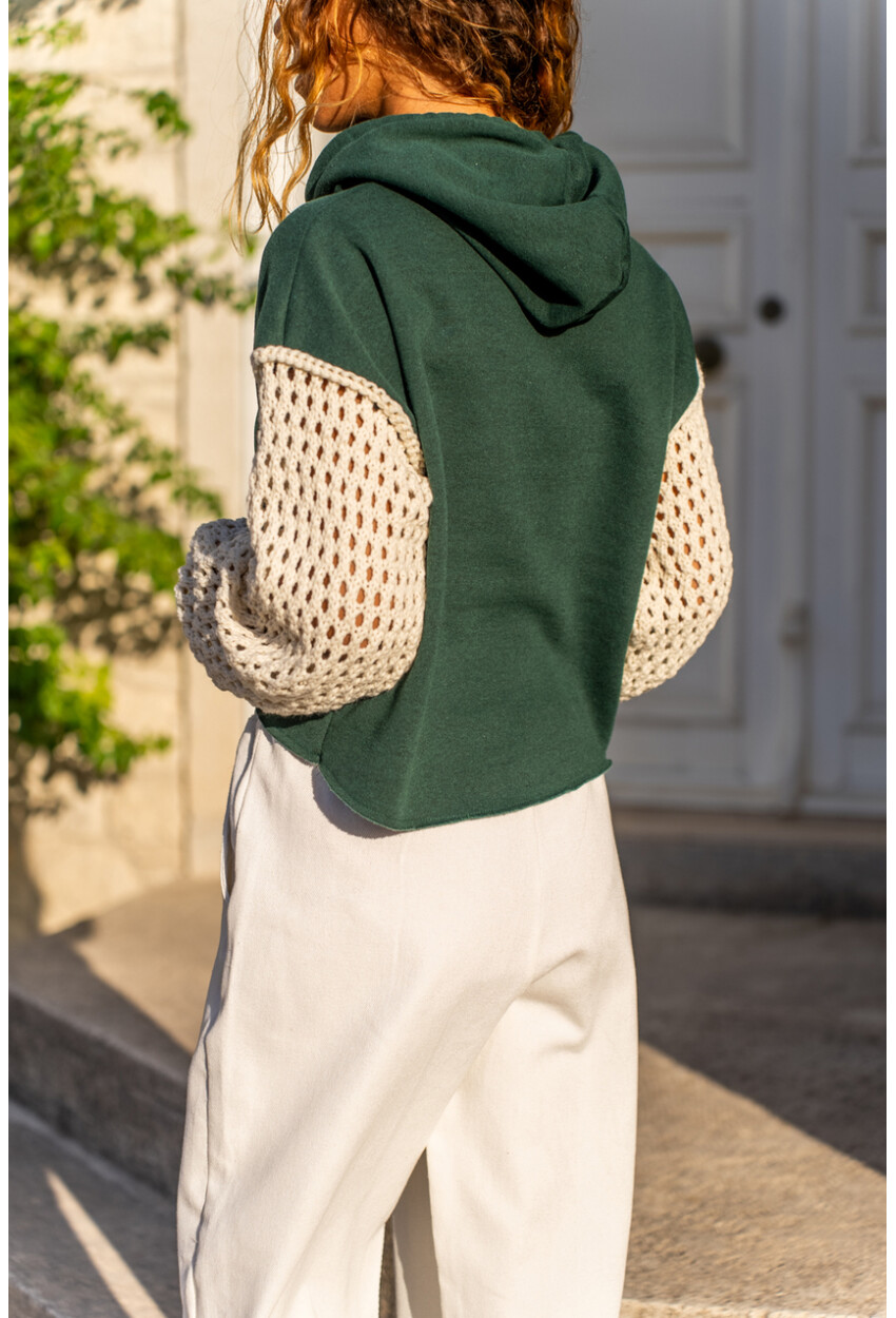 Kadın Yeşil İçi Şardonlu Kapüşonlu Kolları Triko Salaş Sweatshirt 1St21