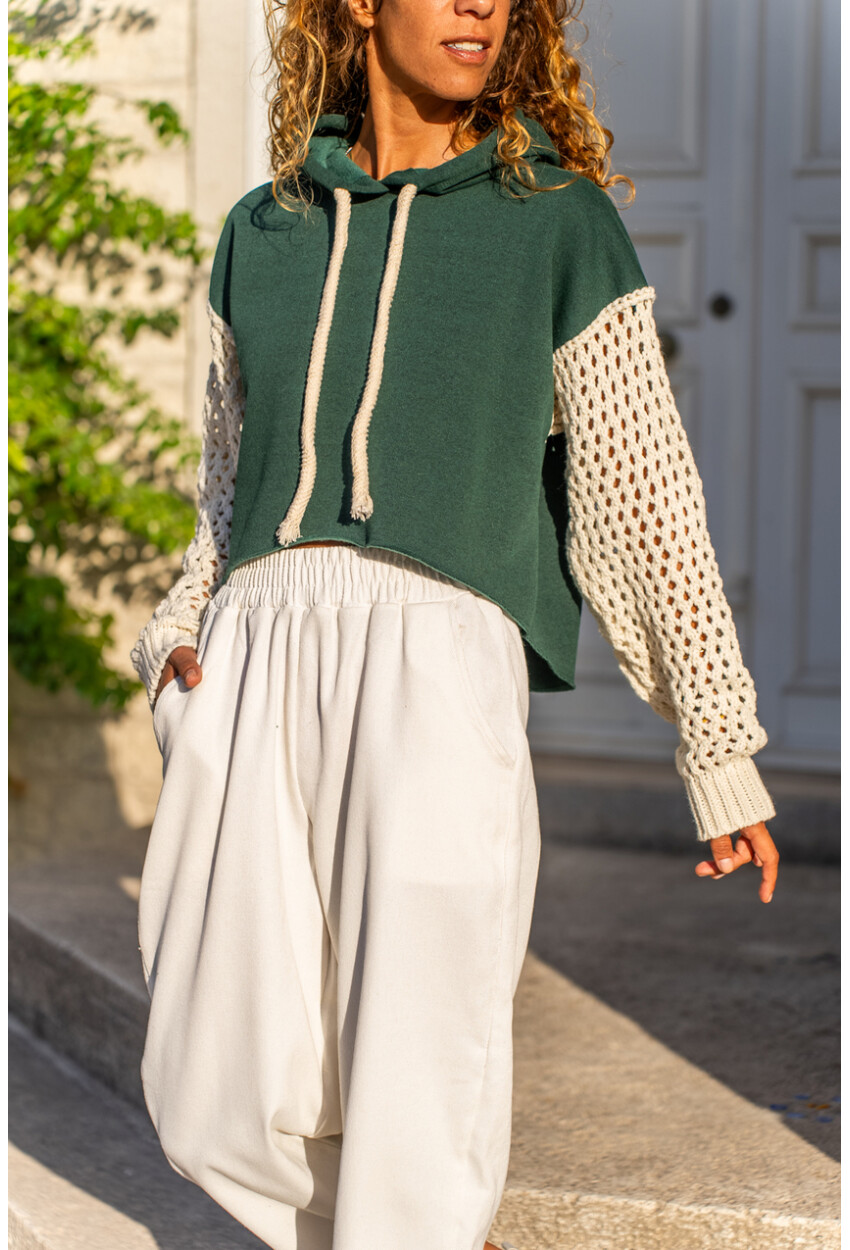 Kadın Yeşil İçi Şardonlu Kapüşonlu Kolları Triko Salaş Sweatshirt 1St21