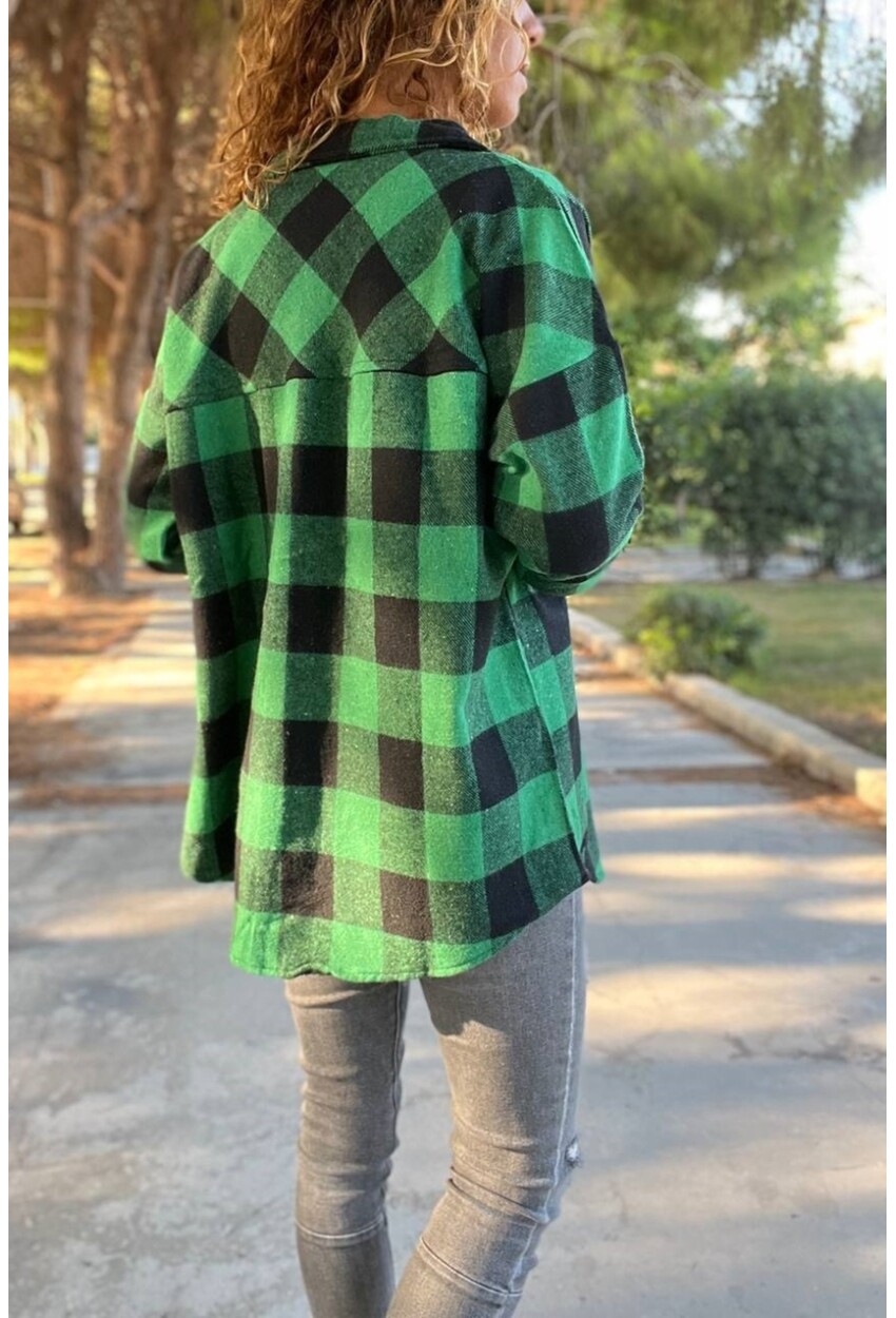 Kadın Yeşil Oversize Yumuşak Dokulu Kaşe Cepli Gömlek BST700-3539